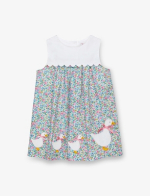 TROTTERS: Floral-Print Duck-Embroidered Cotton Mini Dress 3-24 months