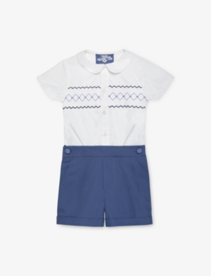 TROTTERS: Rupert Smocked Short-Sleeve Cotton Romper 3 Months - 7 Years