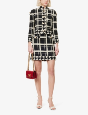 VALENTINO WOMENS NERO AVORIO CHECK-PATTERN TWEED CROPPED WOOL-BLEND JACKET