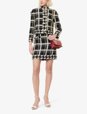 VALENTINO WOMENS NERO AVORIO CHECK TWEED WOOL-BLEND MINI SKIRT