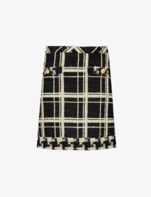 VALENTINO WOMENS NERO AVORIO CHECK TWEED WOOL-BLEND MINI SKIRT