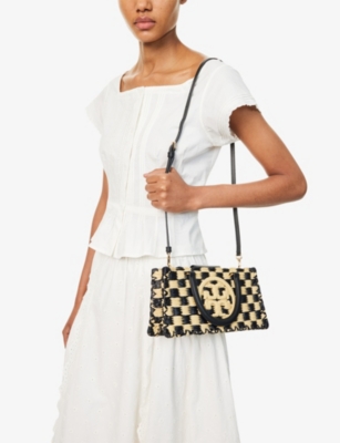TORY BURCH: Ella Crocheted Logo Woven Raffia Top-Handle Bag