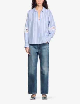 SANDRO: Striped Lace-Trim Cotton and Linen-Blend Shirt