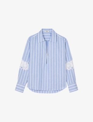 SANDRO: Striped Lace-Trim Cotton and Linen-Blend Shirt