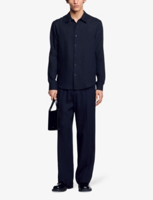Sandro Mens Bleus Relaxed-fit Long-sleeve Linen Shirt