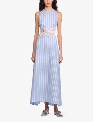 Sandro Womens Bleus Stripe-print Cut-out Lace Cotton And Linen-blend Midi Dress In Bleus