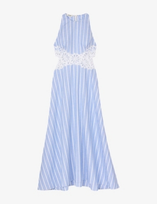 SANDRO: Stripe-Print Cut-Out Lace Cotton and Linen-Blend Midi Dress