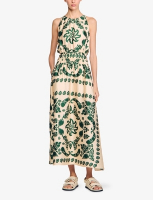 Sandro Womens Naturels Leaf-print Sleeveless Woven Maxi Dress In Naturels