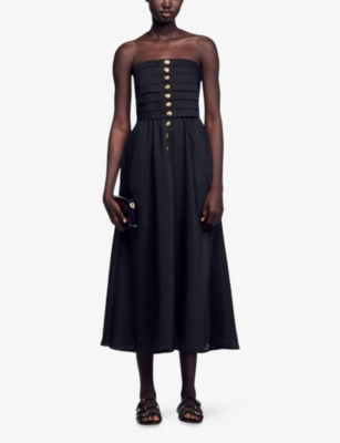 SANDRO: Button-Embellished Bandeau Cotton Midi Dress