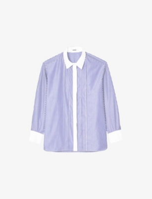 SANDRO: Contrast-Collar Relaxed-Fit Striped Cotton Shirt