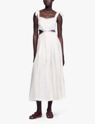 Shop Sandro Womens Naturels Lace-trim Cut-out Linen-blend Maxi Dress