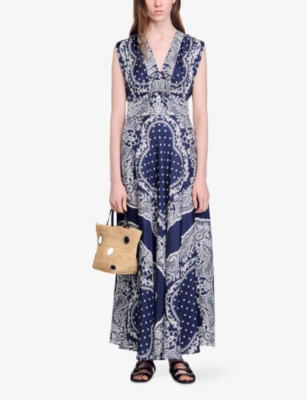 Sandro Womens Bleus Graphic-print Tie-front Woven Maxi Dress In Bleus