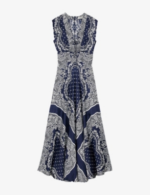 Sandro Womens Bleus Graphic-print Tie-front Woven Maxi Dress In Bleus
