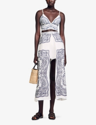 SANDRO: Bandana-Print V-Neck Cropped Linen-Blend Crop Top