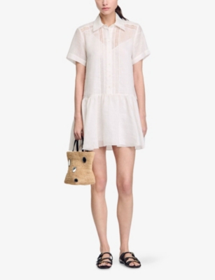 Sandro Womens  Lace-trim Short-sleeve Linen-blend Mini Dress In Naturels