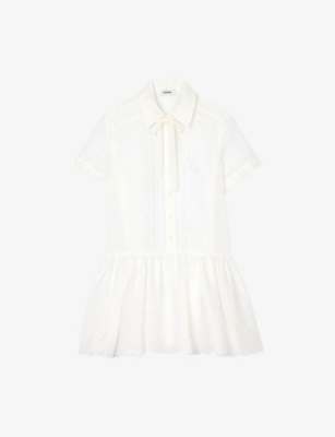 Sandro Womens  Lace-trim Short-sleeve Linen-blend Mini Dress In Naturels