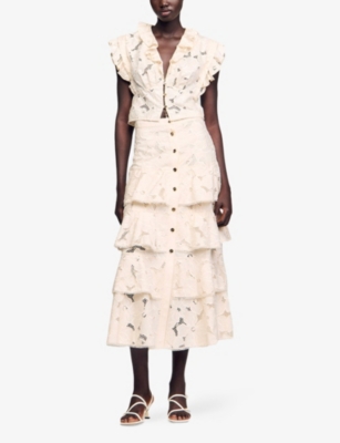 SANDRO: Floral-Pattern Tiered-Hem Lace Midi Skirt