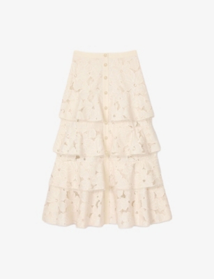 SANDRO: Floral-Pattern Tiered-Hem Lace Midi Skirt