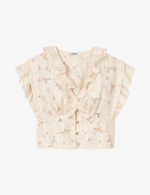 SANDRO: Frill-Trim Lace-Embroidered Cotton-Blend Top