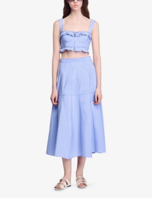 SANDRO: Stripe-Print Flared Cotton-Blend Midi Skirt