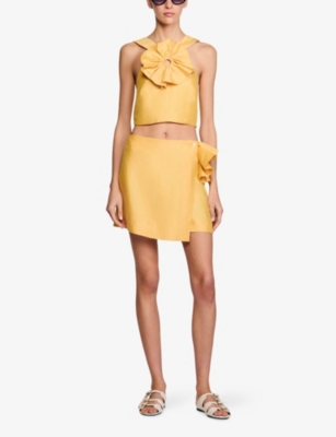 SANDRO: Ruffle-Detail Sleeveless Linen-Blend Crop Top
