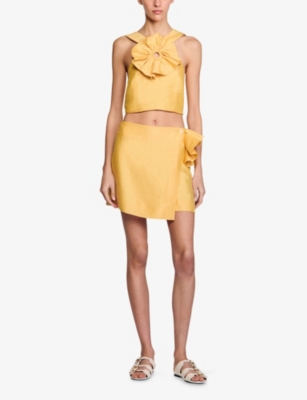Shop Sandro Womens Jaunes / Oranges Ruffle-detail Wrap Linen-blend Mini Skirt