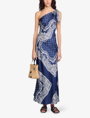 Sandro Womens Bleus Graphic-print One-shoulder Woven Maxi Dress In Bleus