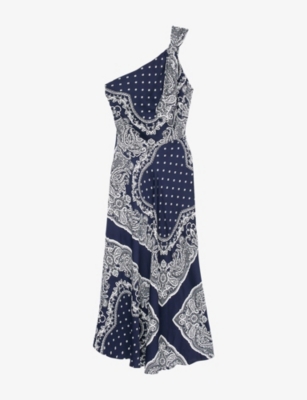 Sandro Womens Bleus Graphic-print One-shoulder Woven Maxi Dress In Bleus