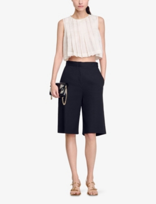 SANDRO: Rhinestone-Embellished Pleated Linen-Blend Crop Top