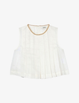 SANDRO: Rhinestone-Embellished Pleated Linen-Blend Crop Top