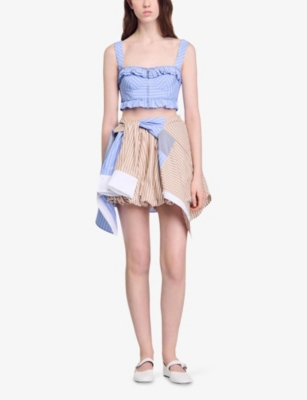SANDRO: Striped Ruffle-Trim Cotton-Blend Crop Top