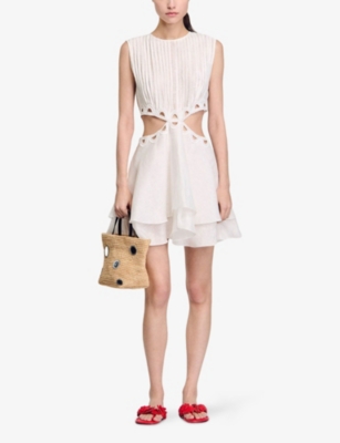 Sandro Womens Naturels Pleated Cut-out Linen-blend Mini Dress