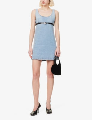 COPERNI: Belted Square-Neck Denim Mini Dress