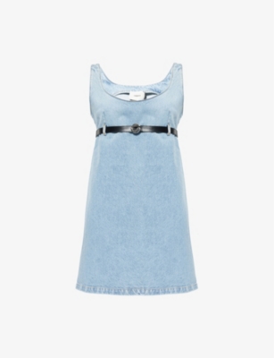 COPERNI: Belted Square-Neck Denim Mini Dress