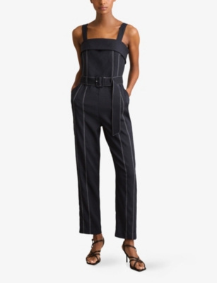 REISS: Fianna Square-Neck Contrast-Stitch Stretch-Woven Jumpsuit