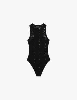 Reiss Womens Black Francesca Ladder-knit Slim-fit Woven Bodysuit