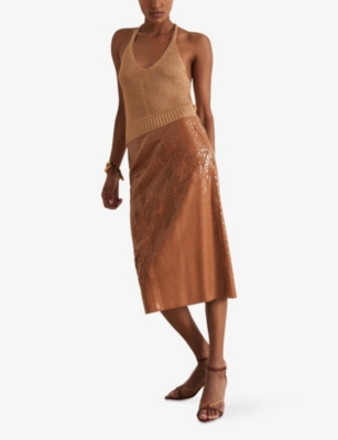 Shop Reiss Womens Gold  X Atelier Ruby Racer-back Sleeveless Knitted Top Xs
