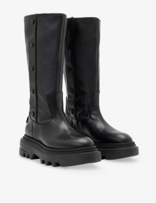 Allsaints Womens Black Dolly Stud-embellished Chunky Knee-high Leather Boots Eur 38/5 Uk In Black