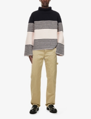 WALES BONNER MENS NAVY / WHITE HARBOUR STRIPE OPEN-CUFF WOOL KNIT TOP 