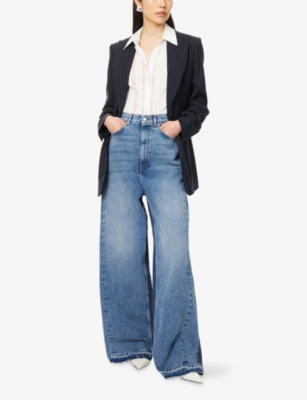 STELLA MCCARTNEY WOMENS TWO TONAL DENIM WASH LOGO-EMBROIDERED WIDE-LEG DENIM JEANS 
