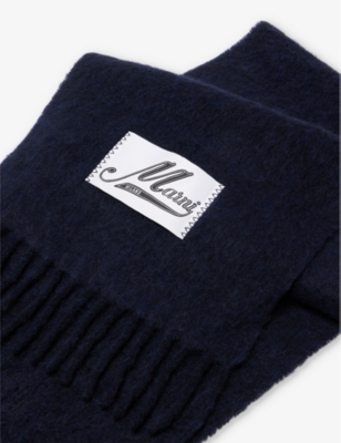 MARNI MENS BLUBLACK BRAND-PATCH FRINGED WOOL-BLEND SCARF 
