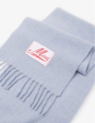 MARNI MENS IRIS BLUE MELANGE BRAND-PATCH FRINGED WOOL-BLEND SCARF 