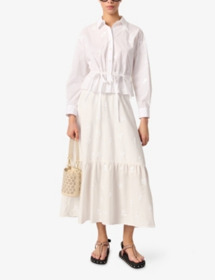 MAJE: Floral-Embroidered Tie-Waist Cotton-Blend Shirt
