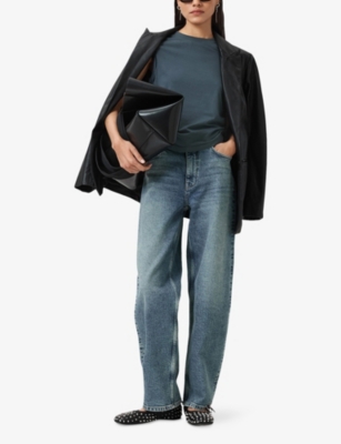 Allsaints Womens Dark Slate Blu West Ruched Stretch Cotton-blend Top In Blue