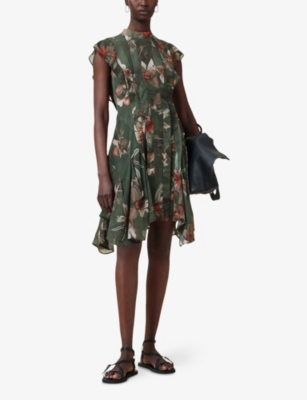 Allsaints Womens Adena Khaki Gr Fleur Floral-print Asymmetric-hem Woven Mini Dress In Green