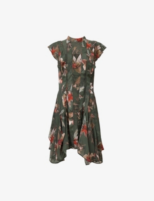 Allsaints Womens Adena Khaki Gr Fleur Floral-print Asymmetric-hem Woven Mini Dress In Green