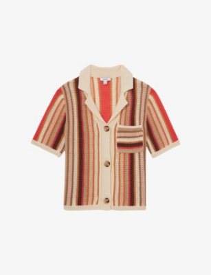 Reiss Womens  Candy Stripe-print Button-down Linen Polo
