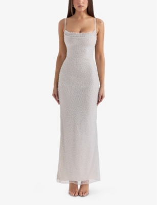 HOUSE OF CB OF CB WOMENS SILVER PEARL CALLA PEARL-EMBELLISHED WOVEN MAXI DRESS XS 