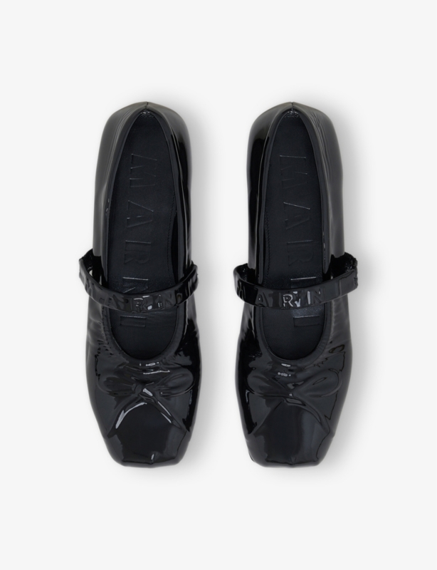 Logo-embossed patent-leather Mary Jane shoes