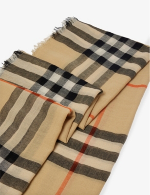 BURBERRY WOMENS CHECK-PRINT LIGHTWEIGHT WOOL AND SILK SCARF SAND